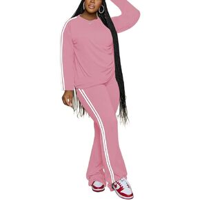 Women's 2 Piece Outfits Crewneck Long Sleeve Tops and Flare Pants Lounge Sets Tracksuit Pink XL in Kuwait