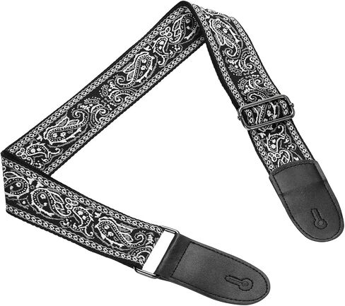 حزام جيتار uxcell، أشرطة جلدية بأطراف من القطن مطرزة عتيقة مقاس 2 بوصة وأشرطة قابلة للتعديل مع إبزيم ذهبي فاتح للجيتار الصوتي والكهربائي والباس، نمط أزرق وأبيض in Kuwait