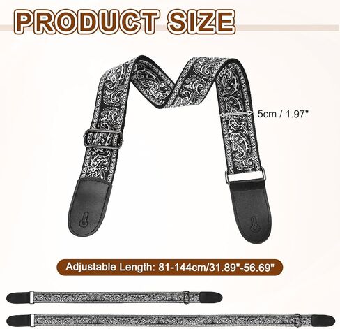 حزام جيتار uxcell، أشرطة جلدية بأطراف من القطن مطرزة عتيقة مقاس 2 بوصة وأشرطة قابلة للتعديل مع إبزيم ذهبي فاتح للجيتار الصوتي والكهربائي والباس، نمط أزرق وأبيض in Kuwait
