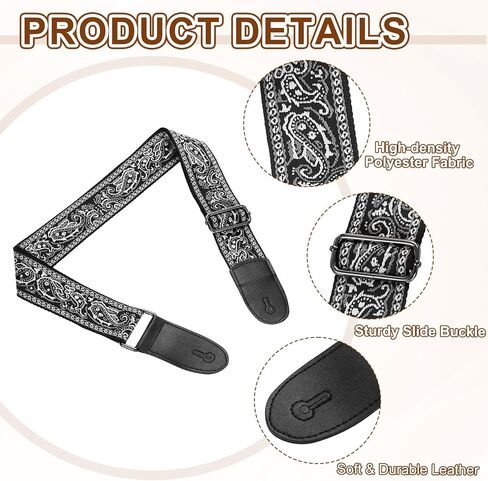 حزام جيتار uxcell، أشرطة جلدية بأطراف من القطن مطرزة عتيقة مقاس 2 بوصة وأشرطة قابلة للتعديل مع إبزيم ذهبي فاتح للجيتار الصوتي والكهربائي والباس، نمط أزرق وأبيض in Kuwait