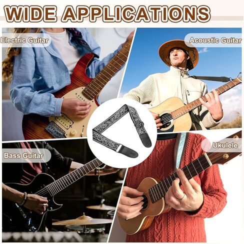 حزام جيتار uxcell، أشرطة جلدية بأطراف من القطن مطرزة عتيقة مقاس 2 بوصة وأشرطة قابلة للتعديل مع إبزيم ذهبي فاتح للجيتار الصوتي والكهربائي والباس، نمط أزرق وأبيض in Kuwait