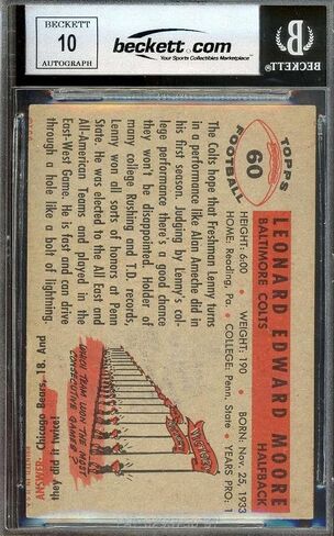 Lenny Moore Gem Mint 10 Beckett BAS موقعة 1956 Topps Rookie Autograph - كرة القدم Slabbed بطاقات مبتدئة موقعة in Saudi Arabia