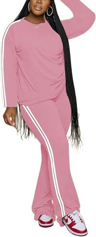 Women's 2 Piece Outfits Crewneck Long Sleeve Tops and Flare Pants Lounge Sets Tracksuit Pink XL in Kuwait