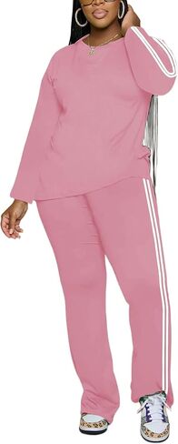Women's 2 Piece Outfits Crewneck Long Sleeve Tops and Flare Pants Lounge Sets Tracksuit Pink XL in Kuwait