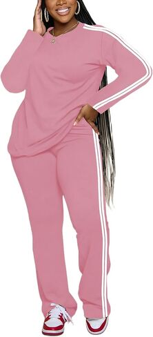 Women's 2 Piece Outfits Crewneck Long Sleeve Tops and Flare Pants Lounge Sets Tracksuit Pink XL in Kuwait
