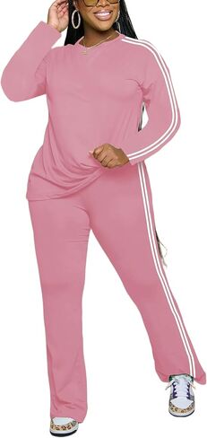 Women's 2 Piece Outfits Crewneck Long Sleeve Tops and Flare Pants Lounge Sets Tracksuit Pink XL in Kuwait