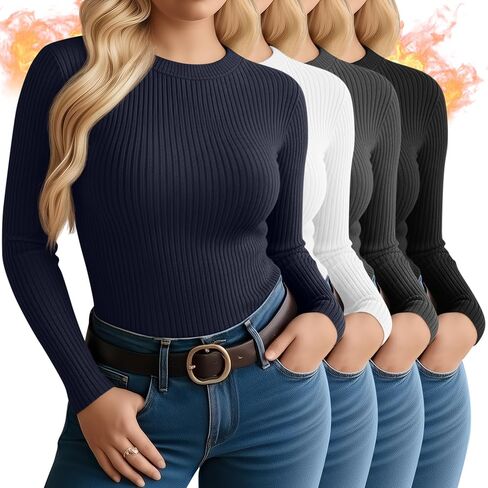 4 Pack Women's Plus Size Long Sleeve Thermal Shirts Cotton Crew Neck Fleece Lined Tops Slim Fit Winter Undershirt in Saudi Arabia