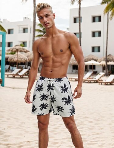 Mens Swim Trunks Summer Beach Board Shorts Quick Dry Swimwear Casual Vacation Bathing Suit with Liner in Kuwait