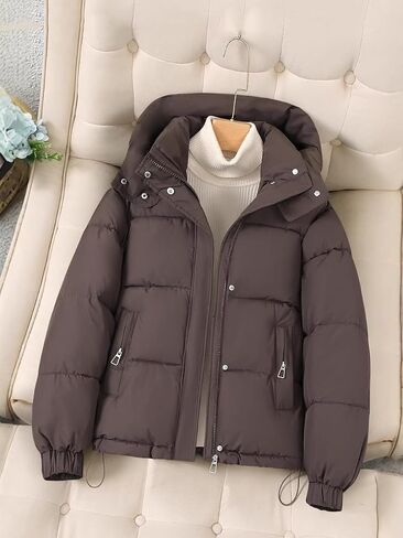 hathne Women's Cropped Puffer Jacket Coats Winter Zip Up Hooded Short Warm Padded Jacket Outerwear in Saudi Arabia