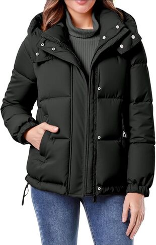 hathne Women's Cropped Puffer Jacket Coats Winter Zip Up Hooded Short Warm Padded Jacket Outerwear in Saudi Arabia