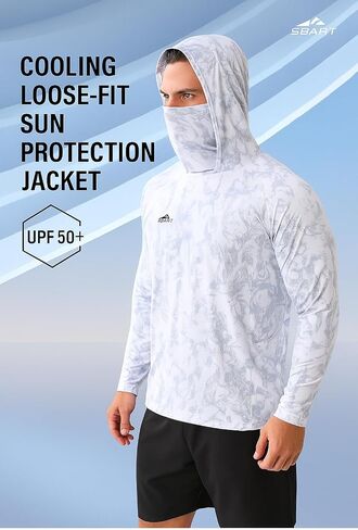 سترة بغطاء للرأس للرجال للحماية من الشمس بعامل حماية من أشعة الشمس 50+ مع قناع خفيف الوزن وأكمام طويلة قميص صيد مموه بدون خياطة قابل للتمدد وجيد التهوية in Kuwait