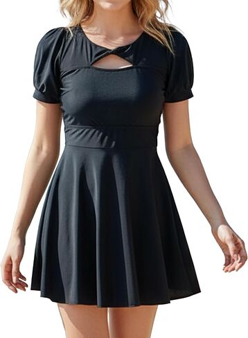 One Piece Swimsuit Women Short Sleeve Bathing Suit Women's Rash Guard Swimdress Cut Out Swim Dress Swimwear Skirt in Saudi Arabia