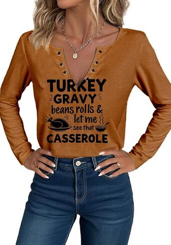 Thanksgiving Shirts for Women Pumpkin Graphic V Neck Long Sleeve Shirts Halloween Fall Pullover Tops Party Tee in Saudi Arabia