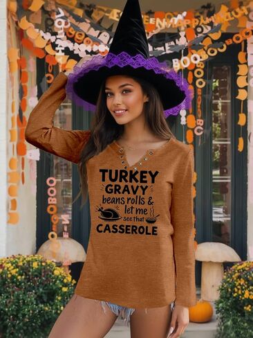 Thanksgiving Shirts for Women Pumpkin Graphic V Neck Long Sleeve Shirts Halloween Fall Pullover Tops Party Tee in Saudi Arabia