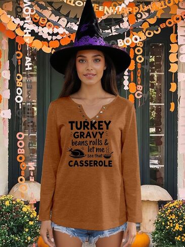 Thanksgiving Shirts for Women Pumpkin Graphic V Neck Long Sleeve Shirts Halloween Fall Pullover Tops Party Tee in Saudi Arabia