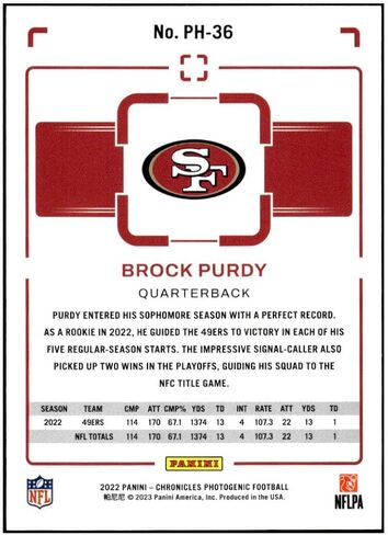 بروك بوردي RC 2022 Panini Chronicles Photogenic #36 ROOKIE 49ers NM+-MT+ NFL Football in Saudi Arabia