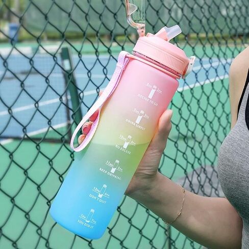 زجاجة مياه، مضادة للتسرب وخالية من مادة BPA والمواد السامة، زجاجة مياه تحفيزية مع أوقات للشرب والقش، زجاجة مياه رياضية للياقة البدنية مع حزام للمكتب وصالة الألعاب الرياضية والرياضات الخارجية، وردي in Saudi Arabia