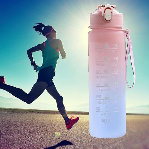 زجاجة مياه، مضادة للتسرب وخالية من مادة BPA والمواد السامة، زجاجة مياه تحفيزية مع أوقات للشرب والقش، زجاجة مياه رياضية للياقة البدنية مع حزام للمكتب وصالة الألعاب الرياضية والرياضات الخارجية، وردي in Saudi Arabia