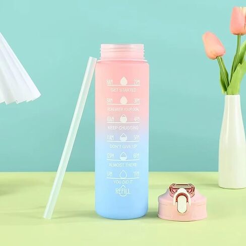 زجاجة مياه، مضادة للتسرب وخالية من مادة BPA والمواد السامة، زجاجة مياه تحفيزية مع أوقات للشرب والقش، زجاجة مياه رياضية للياقة البدنية مع حزام للمكتب وصالة الألعاب الرياضية والرياضات الخارجية، وردي in Saudi Arabia