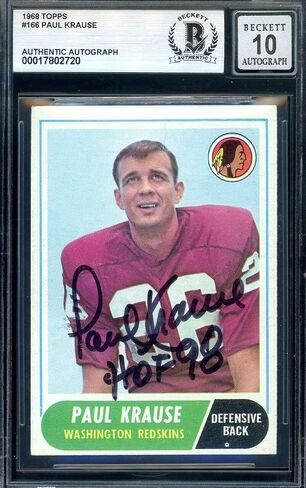 Paul Krause Gem Mint 10 Beckett BAS Signed 1968 Topps Autograph - NFL Autographed Football Cards in Saudi Arabia