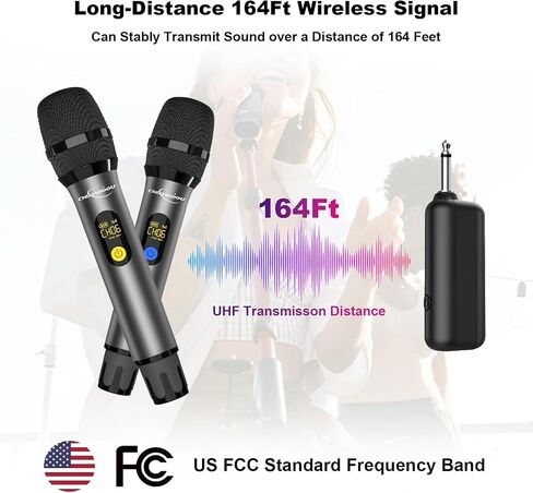 ميكروفون لاسلكي، ميكروفون ديناميكي لاسلكي احترافي UHF معدني مزدوج محمول مع جهاز استقبال قابل لإعادة الشحن، 164 قدمًا، التوصيل والتشغيل، مخرج 1/4 بوصة، غناء الكاريوكي، الكلام، الزفاف، الحفلات، رمادي in Saudi Arabia