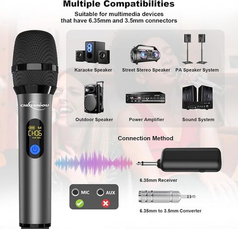 ميكروفون لاسلكي، ميكروفون ديناميكي لاسلكي احترافي UHF معدني مزدوج محمول مع جهاز استقبال قابل لإعادة الشحن، 164 قدمًا، التوصيل والتشغيل، مخرج 1/4 بوصة، غناء الكاريوكي، الكلام، الزفاف، الحفلات، رمادي in Saudi Arabia