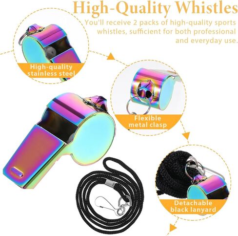 2 Pcs Stainless Steel Sports Whistle with Lanyard, Metal Coach Teacher Whistle, Colorful Backpack Whistle, Emergency Sports Whistle Suitable for, Coach, Referee, Emergency in Saudi Arabia