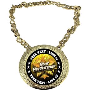 Express Medals Custom Star Performer Champ Chain Trophy with 2 Lines of Personalized Text on a Large Rigid Plastic Award Medal and 34 Inch Long Gold Color Neck Chain. FCL551 in Saudi Arabia