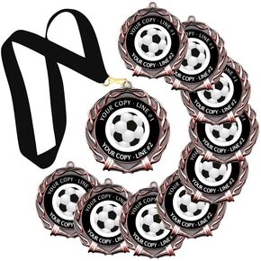 10 Pack Soccer Award Medal, Specify Your Custom Text on Our Soccer Award Medal Design. Large 2-3/4" Diameter, Quality Medal Made from Heavy Metal alloys. Printed & Packaged USA in Saudi Arabia