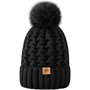 Trifabricy Womens Winter Hat Knit Crossed Cap Beanie Hats for Women Soft Warm Lined with Faxu Fur Pom Poms for Cold Weather in Kuwait