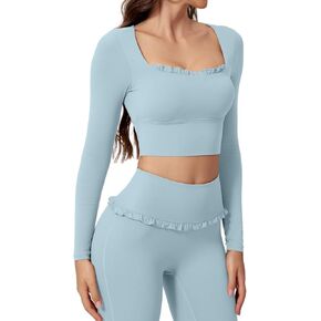 Workout Sets for Women 2 Piece Ruffled Long Sleeve Crop Tops High Waist Flared Leggings Gym Sets in Saudi Arabia