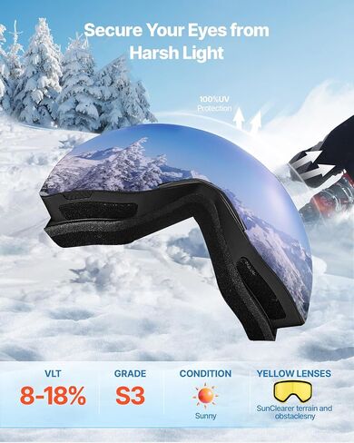 VEVOR Frameless Ski Goggles, Magnet Cylindrical Lens with Revo Coating, OTG Anti fog Snow Goggles, TPU Frame in Saudi Arabia