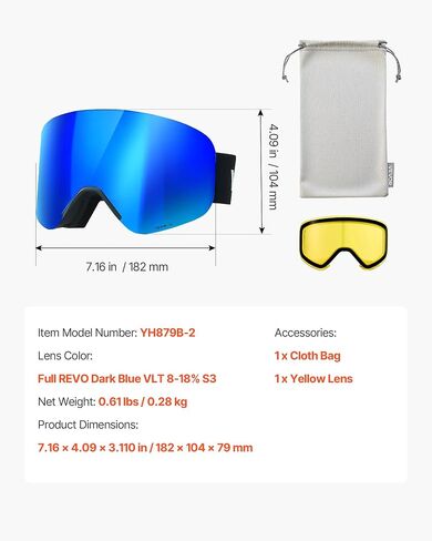 VEVOR Frameless Ski Goggles, Magnet Cylindrical Lens with Revo Coating, OTG Anti fog Snow Goggles, TPU Frame in Saudi Arabia
