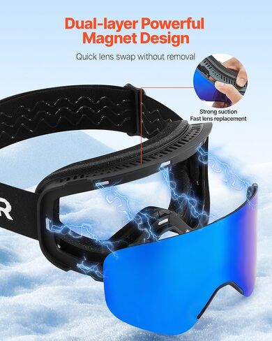 VEVOR Frameless Ski Goggles, Magnet Cylindrical Lens with Revo Coating, OTG Anti fog Snow Goggles, TPU Frame in Saudi Arabia