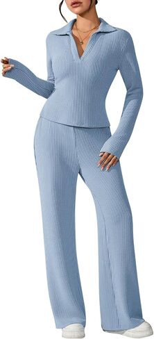 Pink Queen Sweatsuits Women 2 Piece Outfit Long Sleeve Collar V Neck Ribbed Lounge Sets in Saudi Arabia