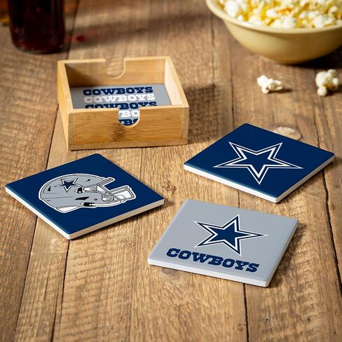 NFL Dallas Cowboys Coasters Gift Set with Wood Caddy, 4pcs Ceramic Stone Drink Coasters with Wooden Holder, Football Tabletop Décor for Home, Bar, Man Cave, Holiday for Men Women in Saudi Arabia