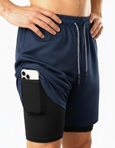 Men's 2 in 1 Workout Running Shorts with Zipper Pockets Lightweight Training Yoga Gym Short in Saudi Arabia