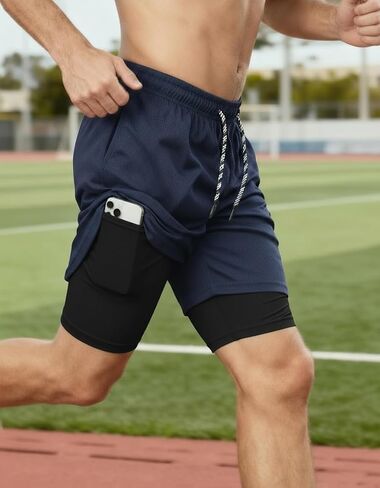 Men's 2 in 1 Workout Running Shorts with Zipper Pockets Lightweight Training Yoga Gym Short in Saudi Arabia