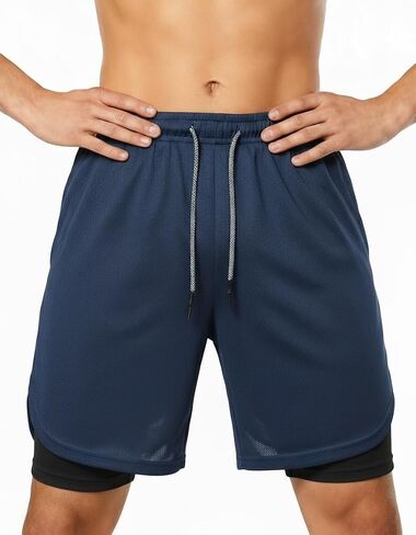 Men's 2 in 1 Workout Running Shorts with Zipper Pockets Lightweight Training Yoga Gym Short in Saudi Arabia