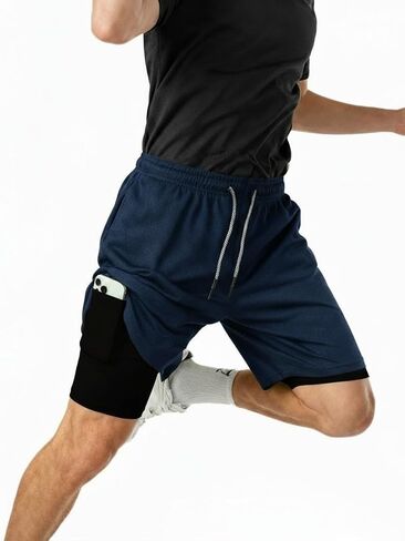 Men's 2 in 1 Workout Running Shorts with Zipper Pockets Lightweight Training Yoga Gym Short in Saudi Arabia