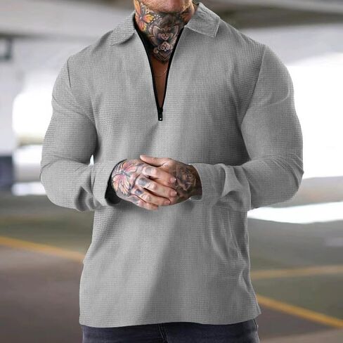 Men's Zip Polo Sweatshirt Long Sleeve Causal Pullover Sweater Waffle Solid Sweatshirts in Saudi Arabia