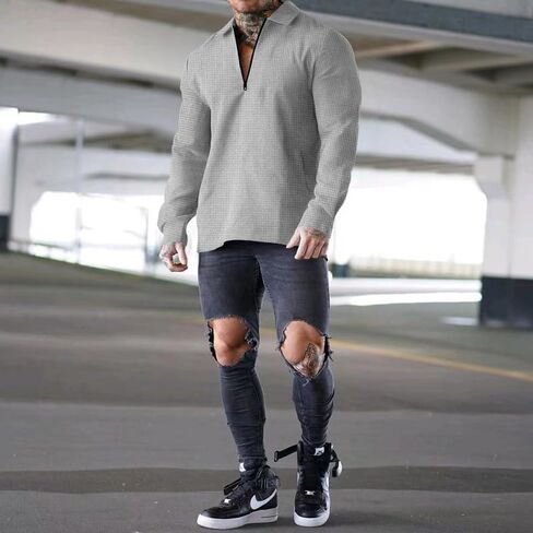 Men's Zip Polo Sweatshirt Long Sleeve Causal Pullover Sweater Waffle Solid Sweatshirts in Saudi Arabia