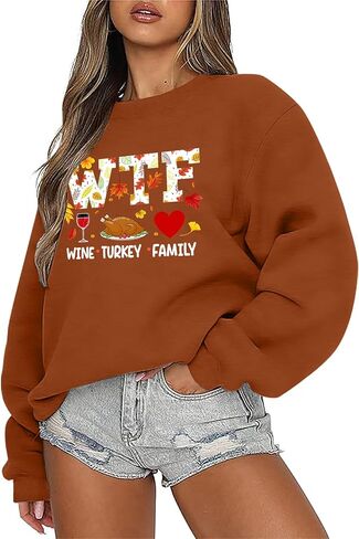 Thanksgiving Sweatshirts for Women: Turkey Graphic Tee Shirts Fall Long Sleeve Crew Neck Oversized Pullover Tops in Saudi Arabia