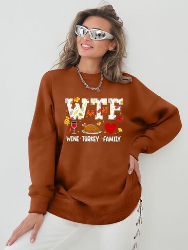 Thanksgiving Sweatshirts for Women: Turkey Graphic Tee Shirts Fall Long Sleeve Crew Neck Oversized Pullover Tops in Saudi Arabia
