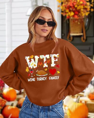 Thanksgiving Sweatshirts for Women: Turkey Graphic Tee Shirts Fall Long Sleeve Crew Neck Oversized Pullover Tops in Saudi Arabia