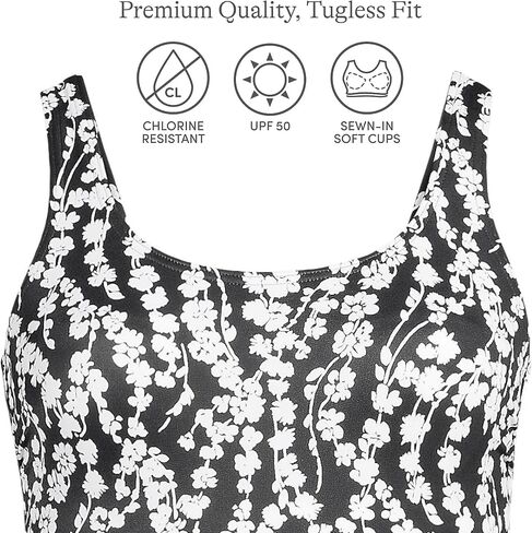 Lands' End Womens Chlorine Resistant Tugless Tank Soft Cup One Piece Swimsuit Black/White Vine Floral Mastectomy 14 in Saudi Arabia