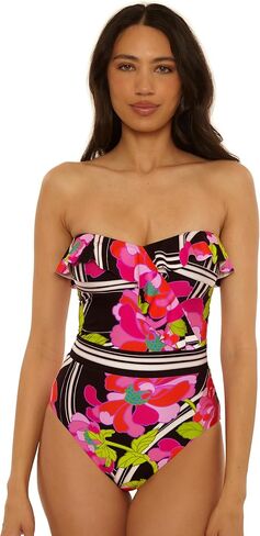 Trina Turk Women's Bougainvillea Ruffle Bandeau One Piece Swimsuit, Floral Print, Adjustable, Bathing Suits in Saudi Arabia