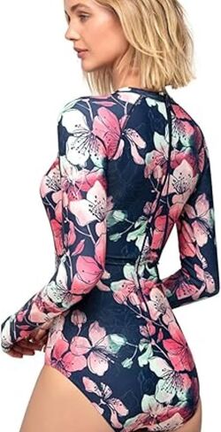 بدلة سباحة نسائية طويلة الأكمام من Rash Guard مع سحاب للسباحة وركوب الأمواج وملابس الشاطئ in Saudi Arabia