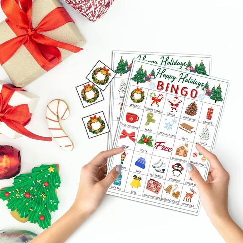 Happy Holiday Bingo Game for Adults, 24 Players Christmas Bingo Cards, Fun & Exciting Xmas Games for Family Activities, Classroom Party, Holiday Entertainment, Christmas Party Supplies -08 in Saudi Arabia