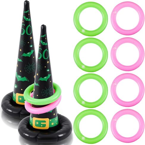 Leitee 10 Pcs Inflatable Witch Hat Ring Toss Set Carnival Pink and Green Inflatable Ring Toss for Witch Themed Birthday Party Decoration Indoors Outdoors in Saudi Arabia